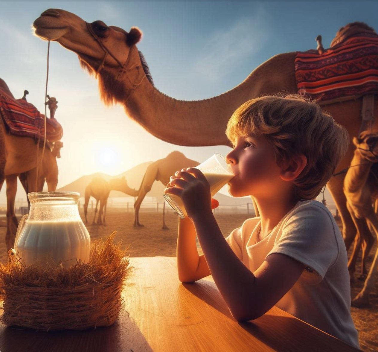 A photo of camel farm and a child drinking camel milk from a glass