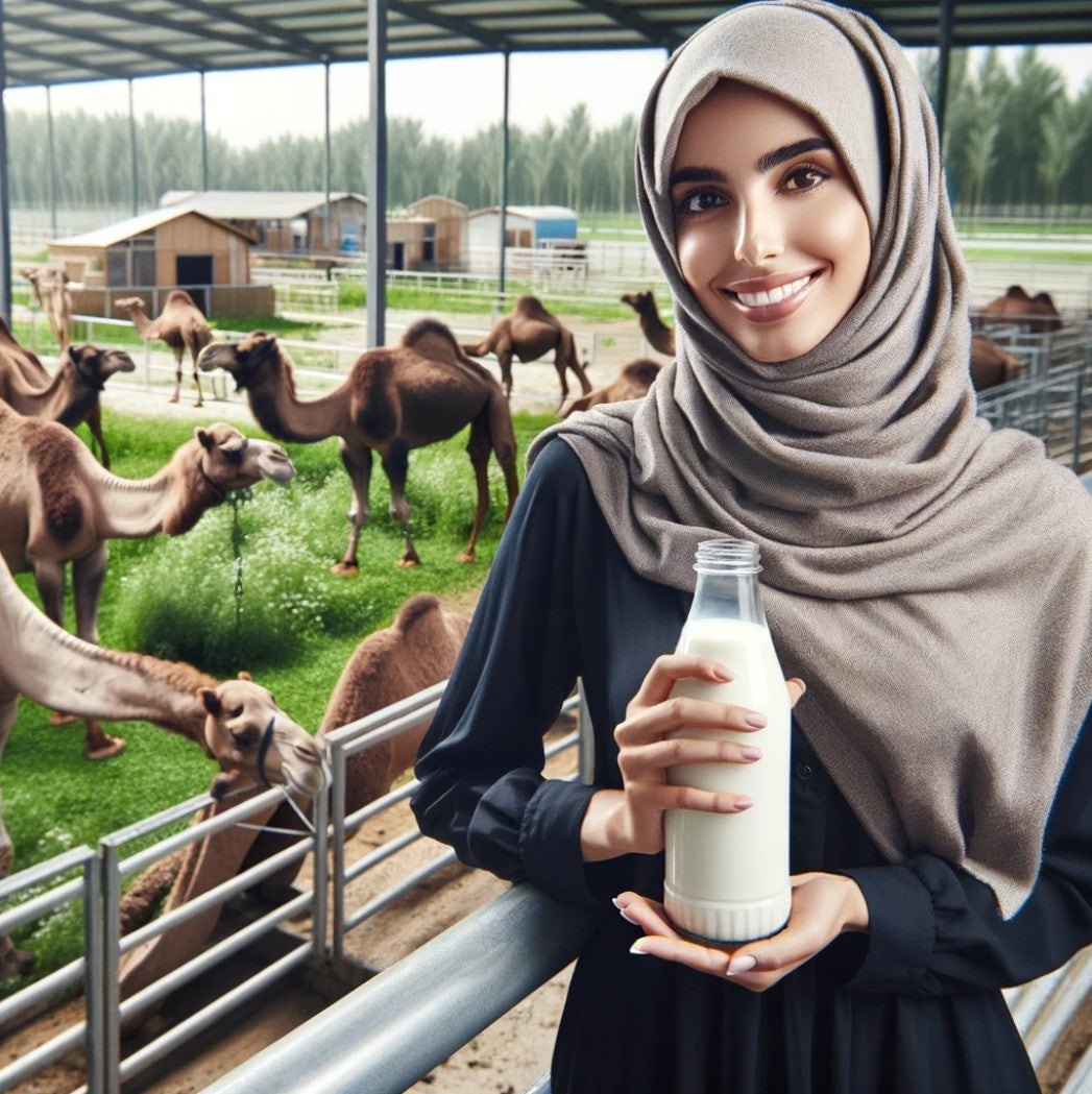 Woman holding camel milk bottle