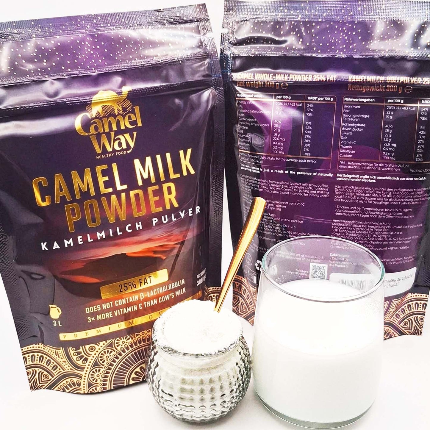 CamelWay Camel milk powder package with a glass of milk and a spoon on a white background.