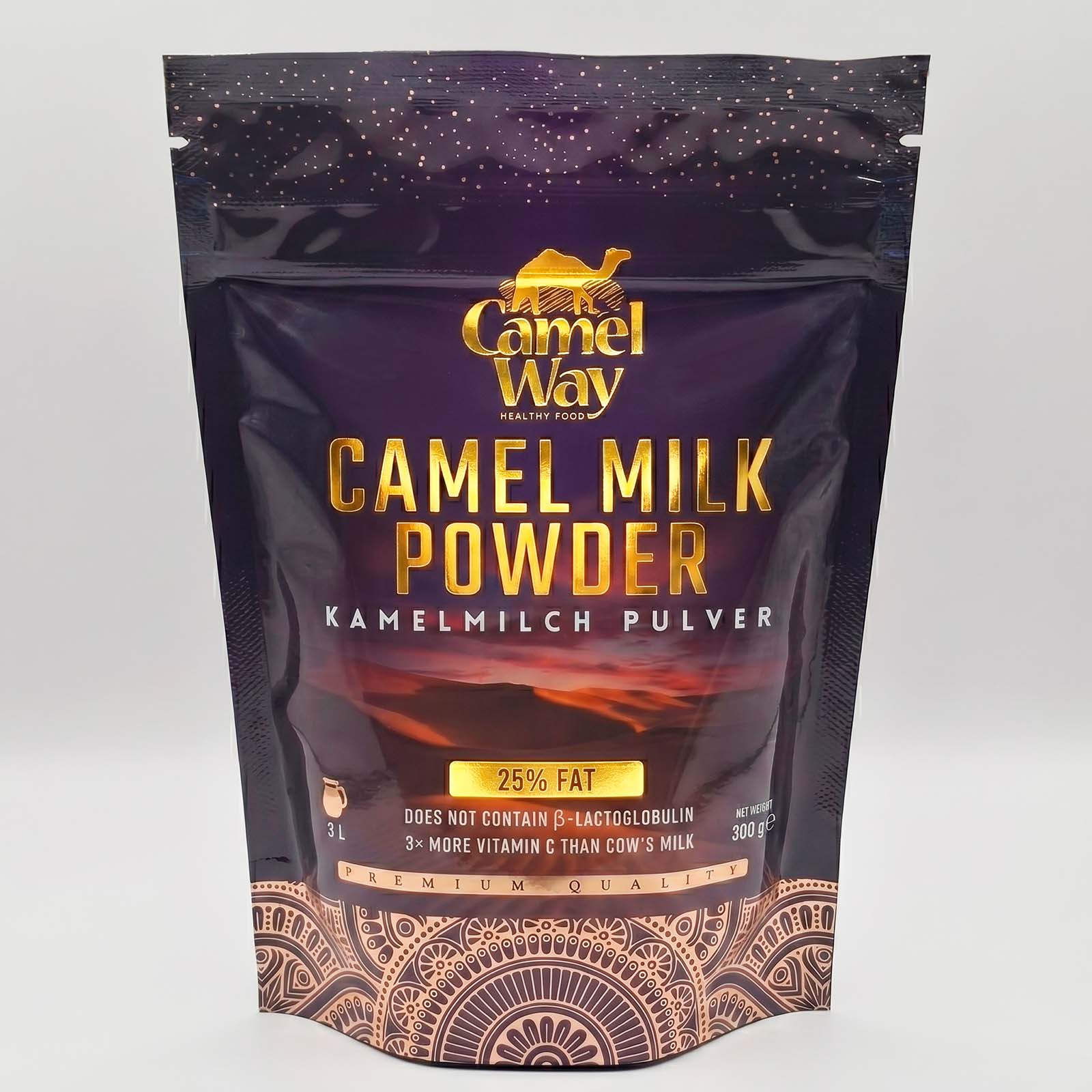CamelWay Camel milk powder 300g package on a white background.