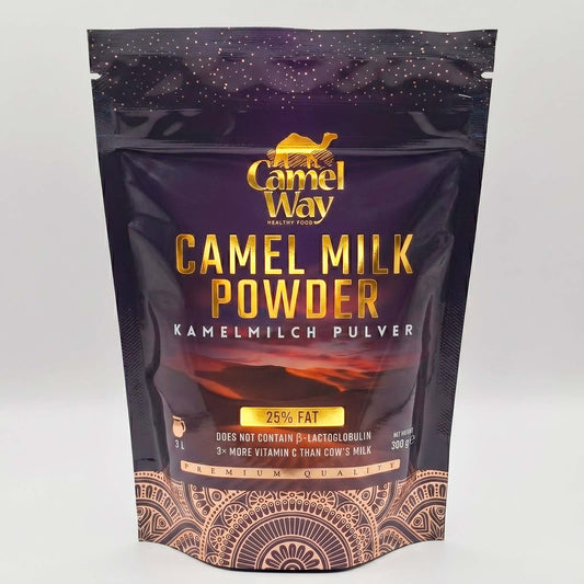 CamelWay Camel milk powder 300g package on a white background.