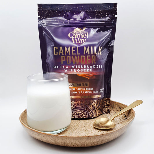 CamelWay Camel Milk Powder 300g - Front - with glass of camel milk
