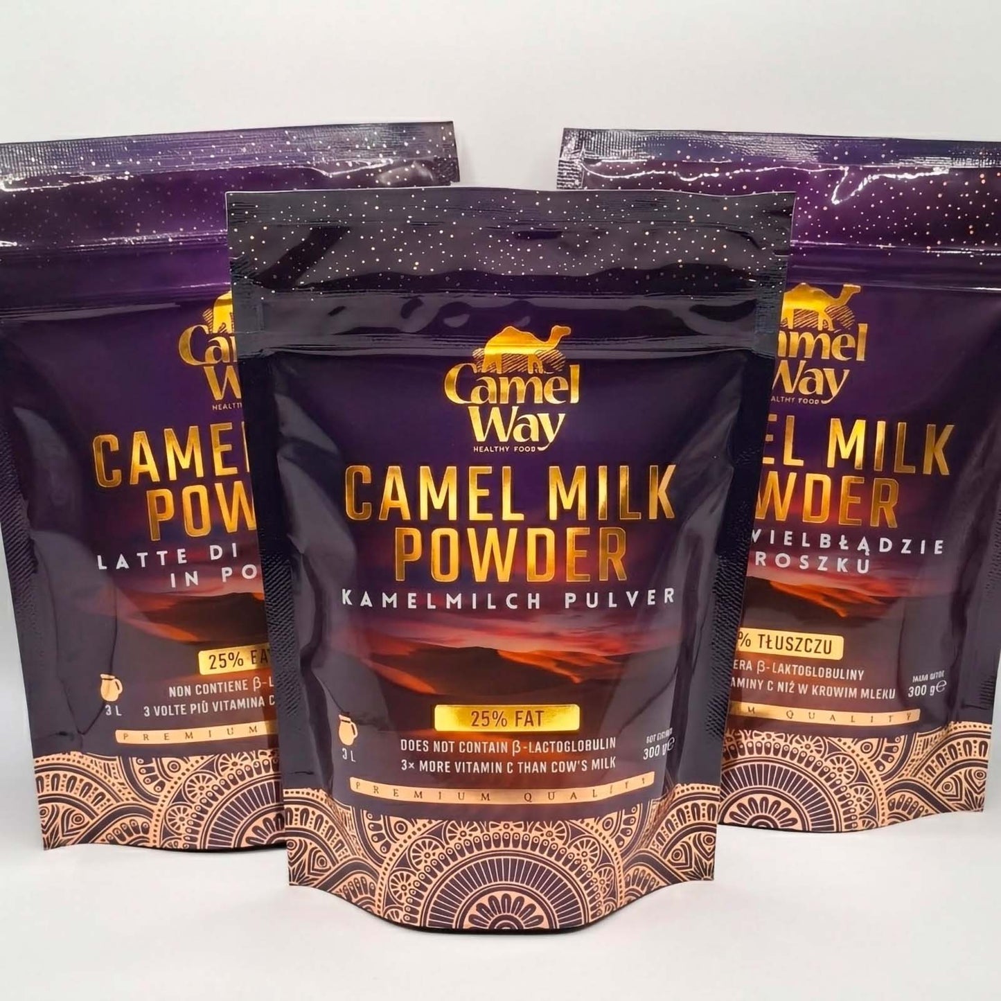 Three CamelWay Camel Milk Powder 300g packages on a white background. 900g in total.