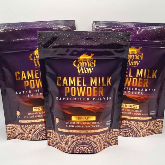 Three CamelWay Camel Milk Powder 300g packages on a white background. 900g in total.