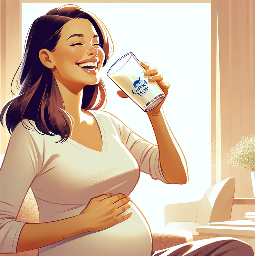 Pregnant woman drinking glass of CamelWay camel milk