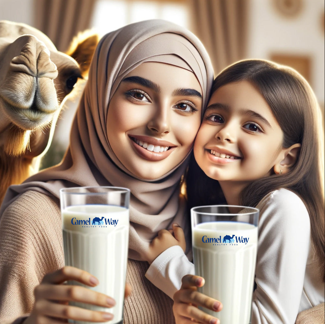 Young mother with her daughter drinking camel milk
