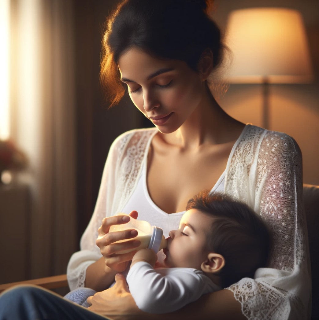 Hispanic woman feeding her child infant with camel milk