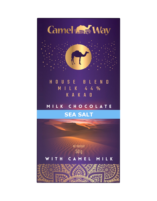 Handgemachte Kamelmilch Schokolade – mit Meersalz – 50g. 44% Kakao.