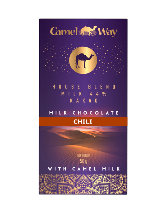 Chocolate con leche de camello artesanal – Con chile – 50 g. 44 % cacao.